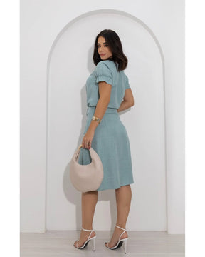Conjunto Saia + Blusa Linho Decote Gota