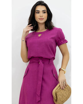 Conjunto Saia + Blusa Linho Decote Gota