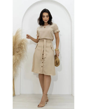 Conjunto Saia + Blusa Linho Decote Gota